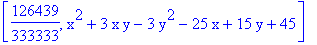 [126439/333333, x^2+3*x*y-3*y^2-25*x+15*y+45]